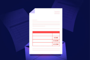 An illustration of a document with a table displaying dollar amounts—$34K, $107K, and $125K—in red, sitting on an envelope, hints at the importance of Invoice Fraud Prevention, with more documents faintly visible in the background.