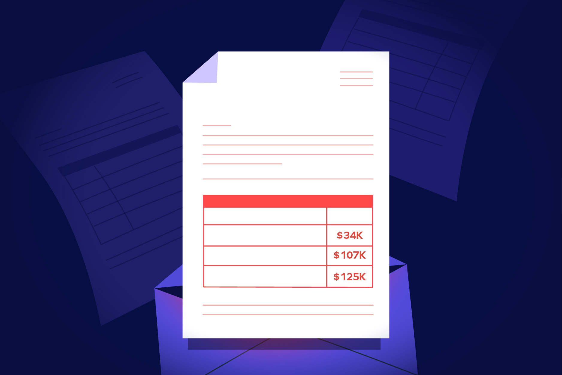 An illustration of a document with a table displaying dollar amounts—$34K, $107K, and $125K—in red, sitting on an envelope, hints at the importance of Invoice Fraud Prevention, with more documents faintly visible in the background.