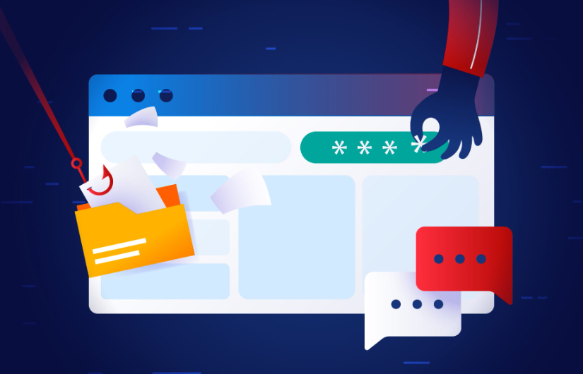 Illustration of a web browser window with a hand stealing a password, a phishing hook pulling a folder, and chat bubbles, symbolizing cyber theft, ERP fraud, and online security risks like ERP system attacks.