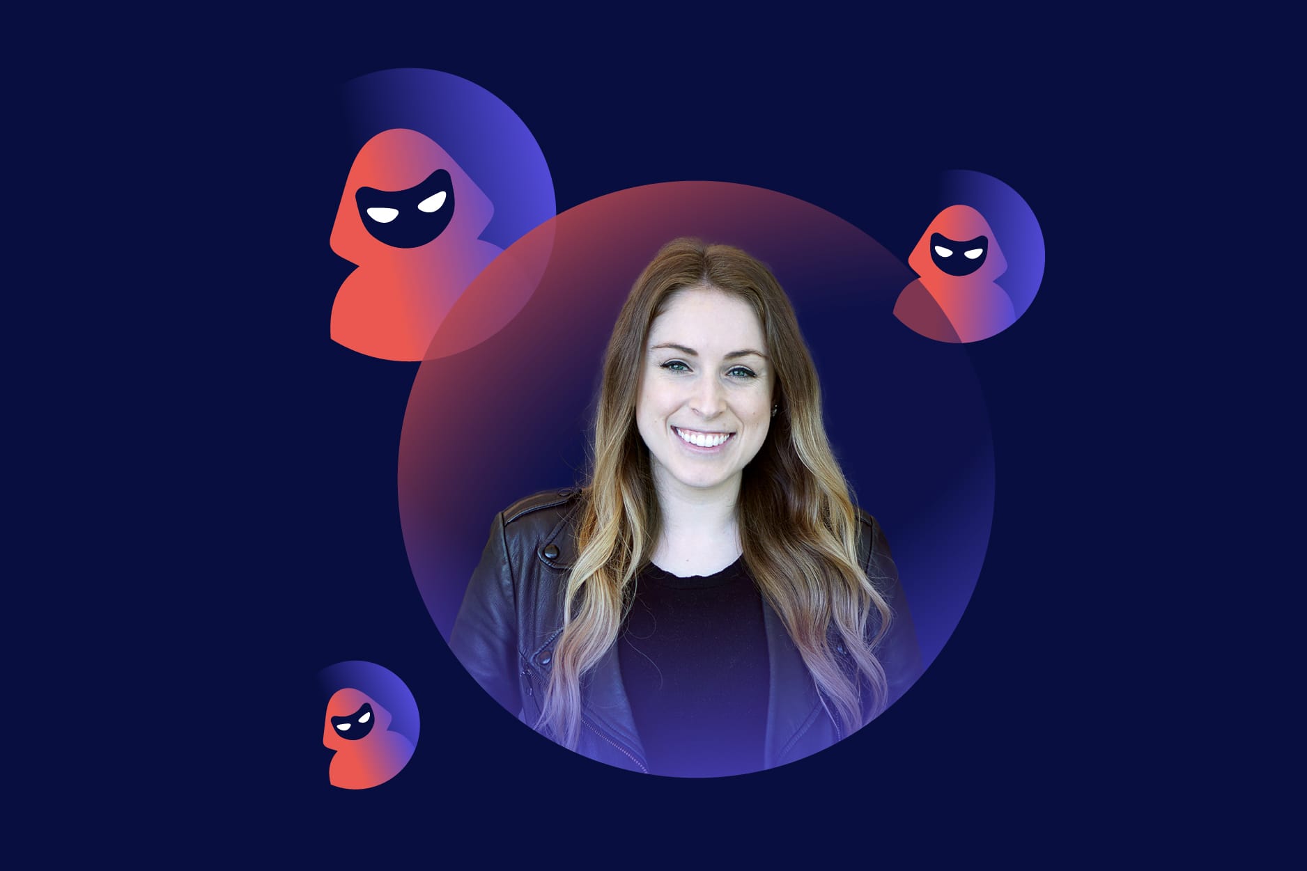 A woman with long, wavy hair smiles at the camera, centered inside a purple circle. Around her are three stylized, cartoon-like figures in red hoods with angry eyes, hinting at impersonation attacks against a dark blue background.