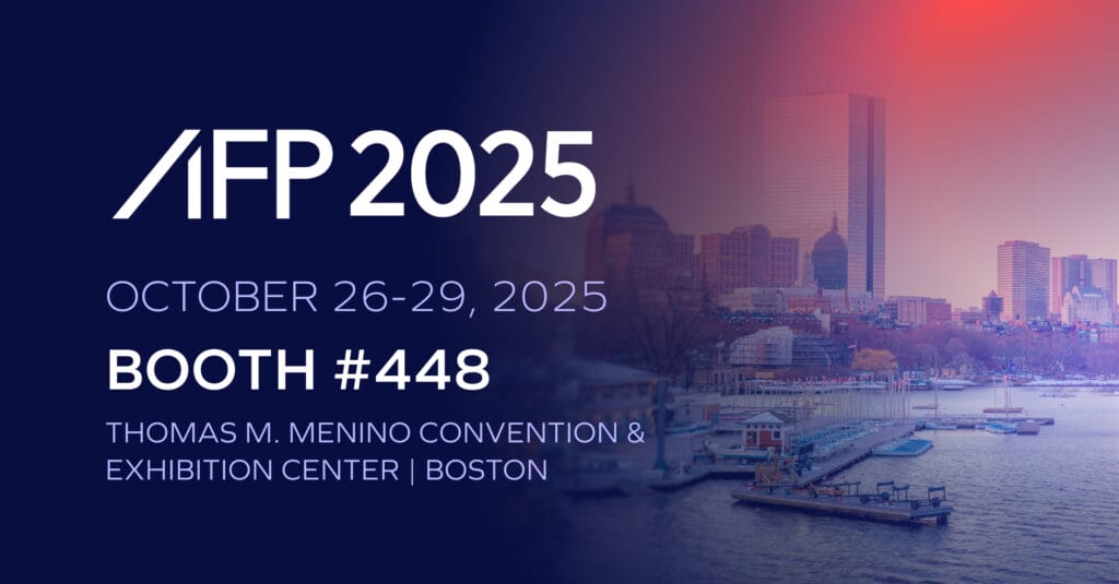 Graphic for AFP 2025, October 26-29, Booth #448 at Thomas M. Menino Convention & Exhibition Center in Boston. The background features a cityscape of Boston with water and buildings. Visit Trustmi at AFP 2025!.
