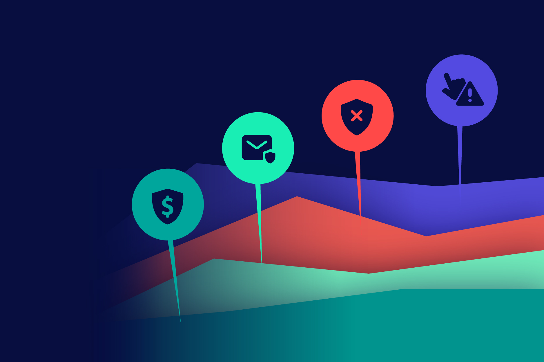 Colorful abstract graph with four circular icons above it—highlighting fraud prevention ROI—featuring a dollar sign, envelope with shield, shield with X, and a triangle with exclamation point, all set against a dark blue background.