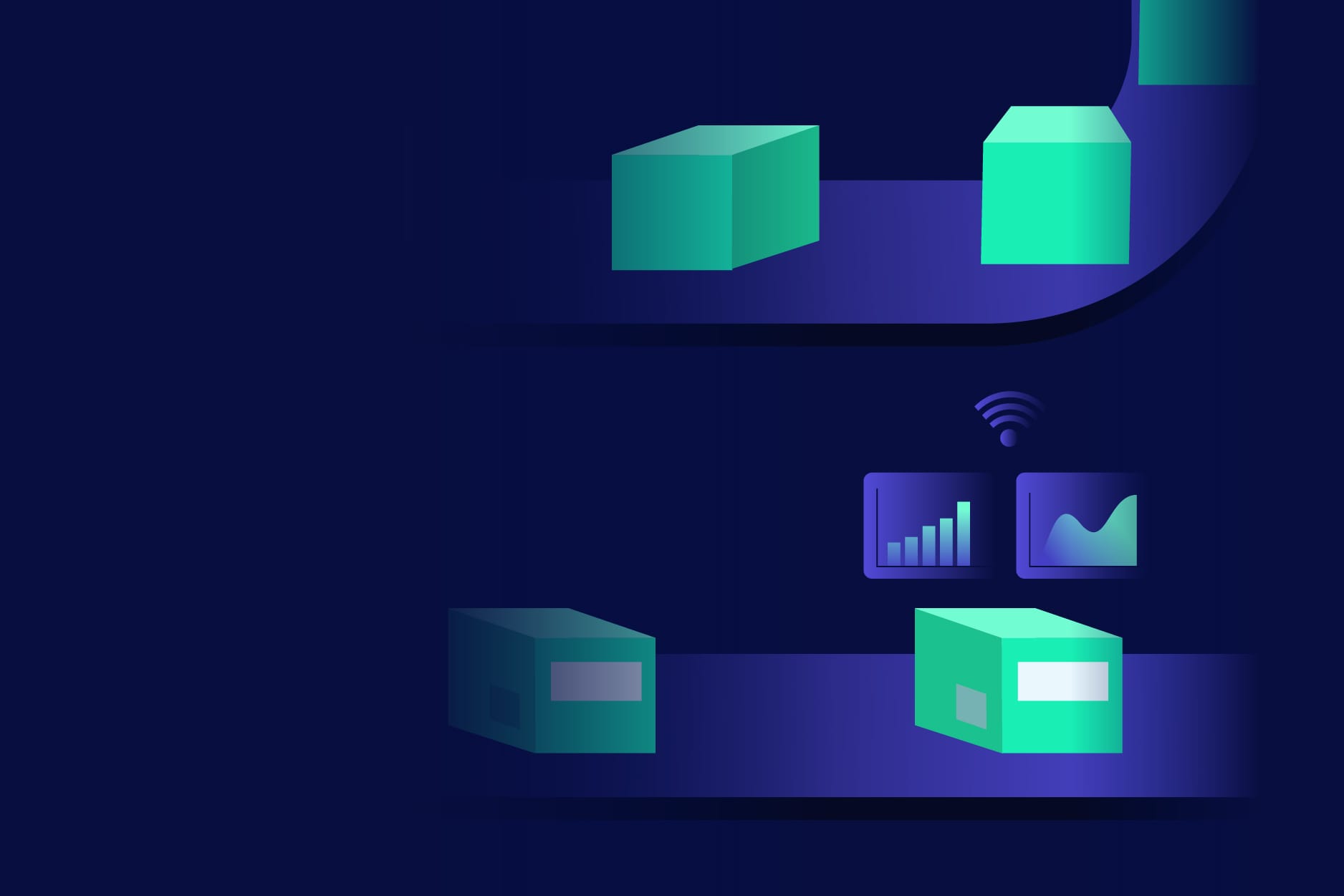 Boxes move along a conveyor belt with digital icons displaying a bar chart, a Wi-Fi symbol, and a line graph, highlighting automated warehouse technology and manufacturing cyber resilience.