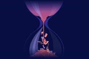 An abstract hourglass with pink sand flowing down, transforming into scattered red and white paper fragments—symbolizing the cost of socially engineered fraud—set against a dark blue background.