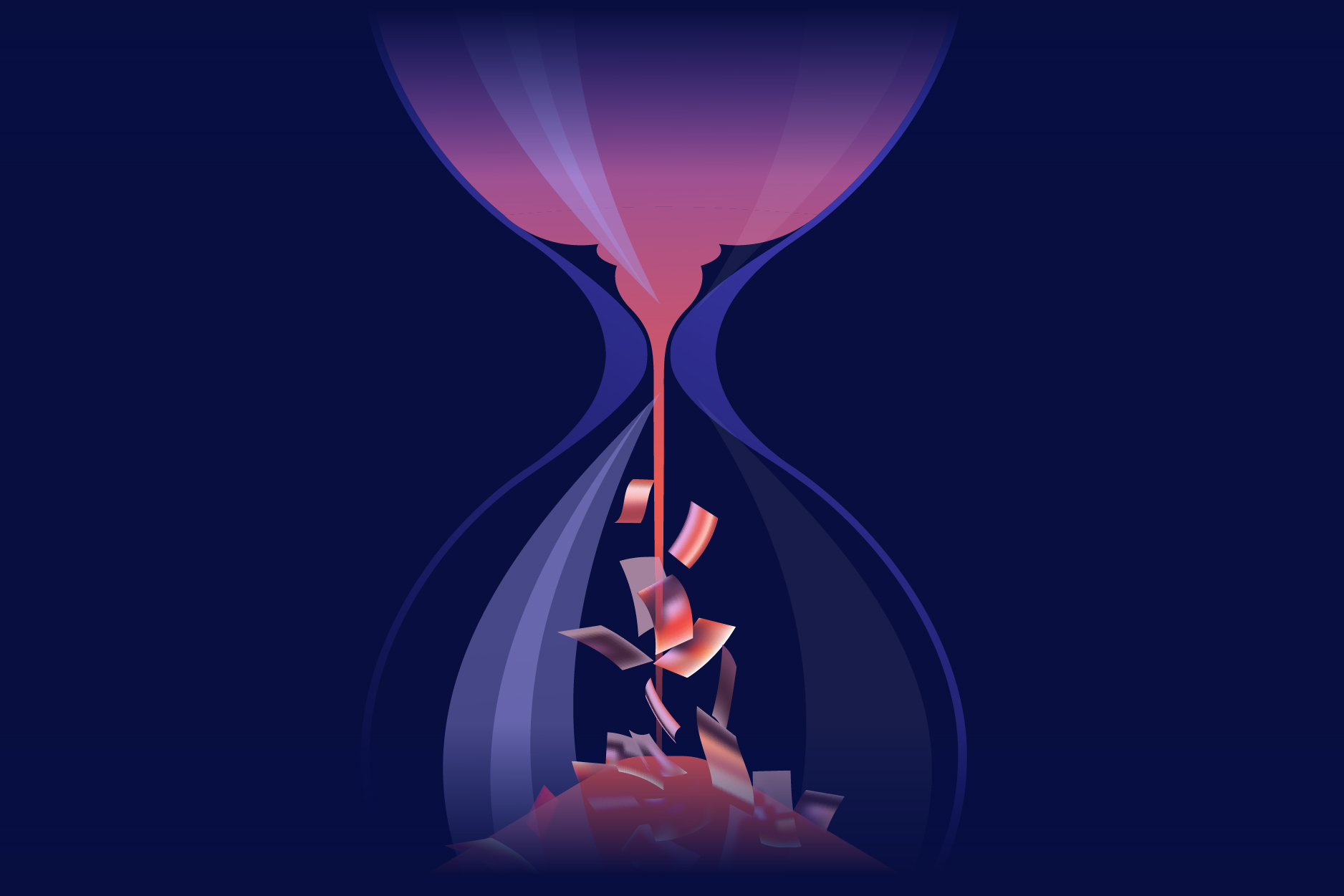An abstract hourglass with pink sand flowing down, transforming into scattered red and white paper fragments—symbolizing the cost of socially engineered fraud—set against a dark blue background.
