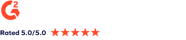 G2 logo with text Rated 5.0/5.0 and five red stars, highlighting a perfect rating and strong protection against social engineering attack risks.