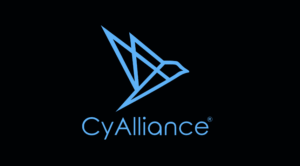A minimalist blue geometric bird logo above the word CyAlliance in light blue font, set against a black background—perfect for promoting the CyAlliance Dinner in Las Vegas.
