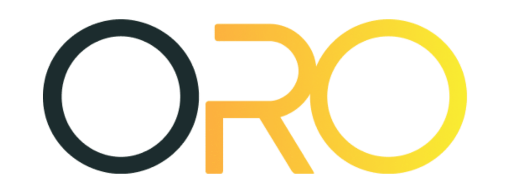 The image displays the word ORO in a modern, stylized font. Perfect for B2B account takeover solutions, the first O is black, the R is orange, and the last O is yellow, creating a gradient effect from left to right.