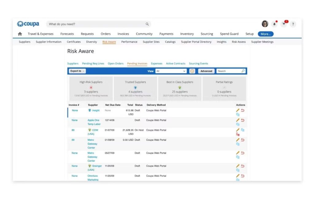 A computer screen displays the Coupa software interface, featuring the Risk Aware dashboard with tables of suppliers, invoice details, payment protection options, and sorting tools. Navigation tabs appear at the top.