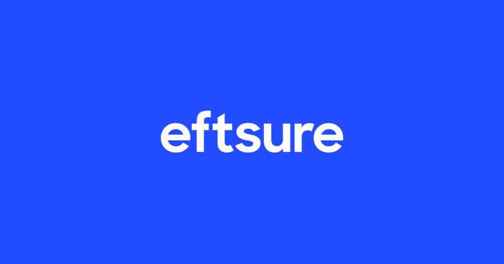 White text reading eftsure is centered on a solid bright blue background, representing robust B2B fraud detection to help protect your business.