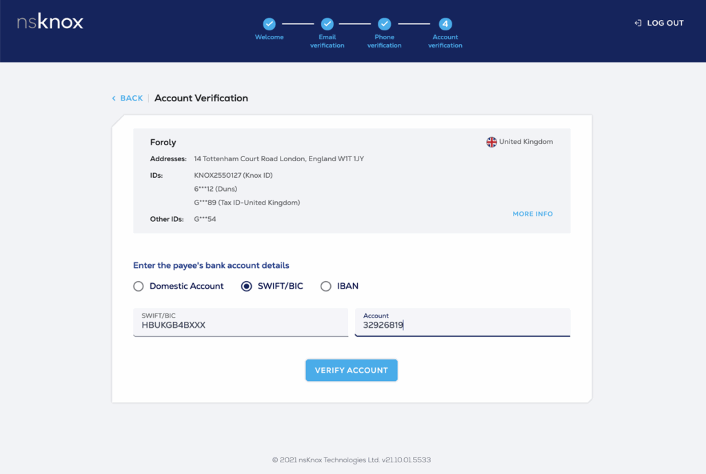 A screenshot of an online account verification page for nsknox showing a UK address, masked IDs and date of birth, with fields for bank account details. B2B fraud detection options include Domestic, SWIFT/BIC, or IBAN to help protect your business.