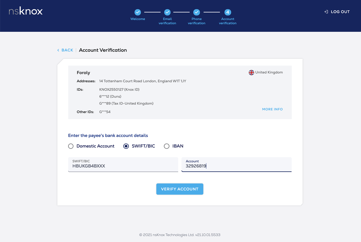 A screenshot of an online account verification page for nsknox showing a UK address, masked IDs and date of birth, with fields for bank account details. B2B fraud detection options include Domestic, SWIFT/BIC, or IBAN to help protect your business.
