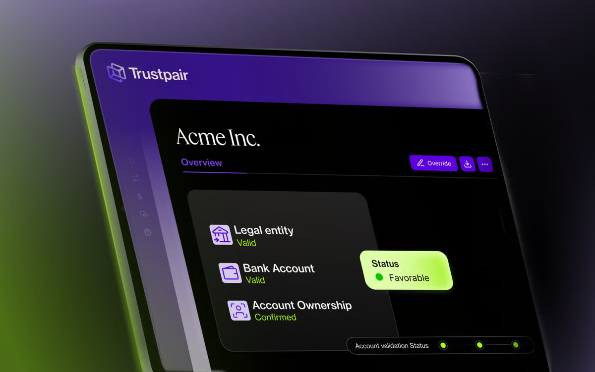 A digital dashboard on a screen shows Trustpair’s interface for Acme Inc., featuring B2B fraud detection tools. Sections for Legal Entity, Bank Account, and Account Ownership are marked valid, with an overall status of “Favorable.”.