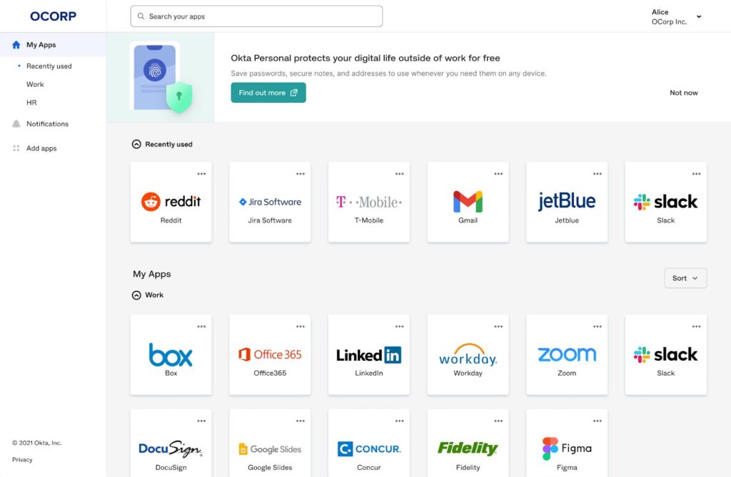 A dashboard interface displays app icons, including Reddit, Jira Software, T-Mobile, Gmail, JetBlue, and Slack under Recently used. My Apps showcases more business tools like Box, Office365, LinkedIn, Workday, Zoom, and B2B account takeover solutions.