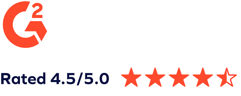 G2 logo with text Rated 4.5/5.0 next to four red stars and one half-red star, highlighting high user satisfaction for tools preventing social engineering attack attempts.