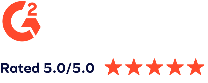 G2 logo on the left with text Rated 5.0/5.0 and five red stars on the right, highlighting a perfect rating for social engineering attack prevention.