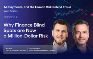 Promotional banner for a web series episode titled Why Finance Blind Spots are Now a Million-Dollar Risk. Features headshots of two men, their names and titles, and finance-related graphics in the background.