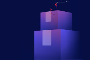 A digital illustration of a stacked blue cube structure with a red fishing hook and white fishing line hanging from above, symbolizing manufacturing vendor fraud, set against a dark blue background.
