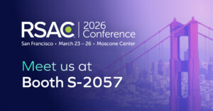 RSAC 2026 Conference announcement: Join Trustmi from March 23–26 at Moscone Center, San Francisco. “Meet us at Booth S-2057” is displayed over a Golden Gate Bridge background.