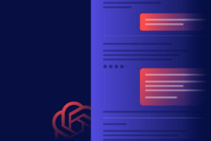 Abstract digital illustration showing a chat interface with highlighted message bubbles on a blue and purple gradient background. The OpenAI logo is partially visible in the lower left corner, hinting at how FraudGPT works and ways to stay protected online.