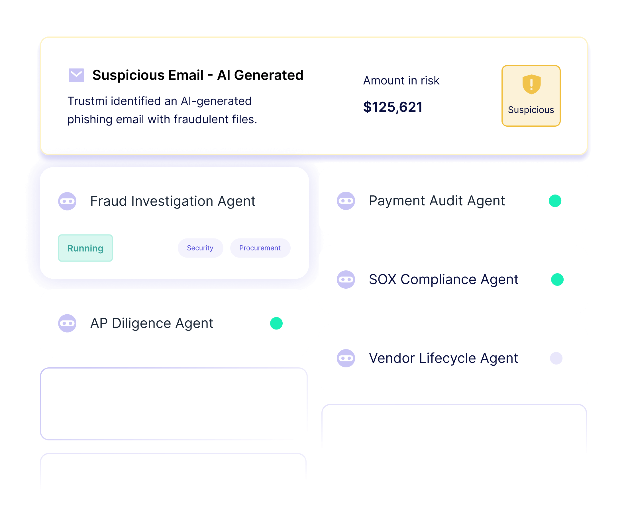 Dashboard showing a suspicious AI-generated phishing email alert with $125,621 at risk. Below are six agent cards, indicating status such as “Running” or showing green dots for active agents like Fraud Investigation and Payment Audit.