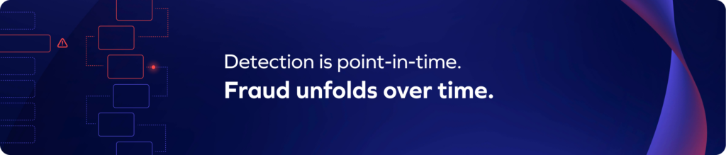 Dark blue graphic with the text “Detection is point-in-time. Fraud unfolds over time.” Abstract digital lines and shapes highlight the importance of payment security on both sides.