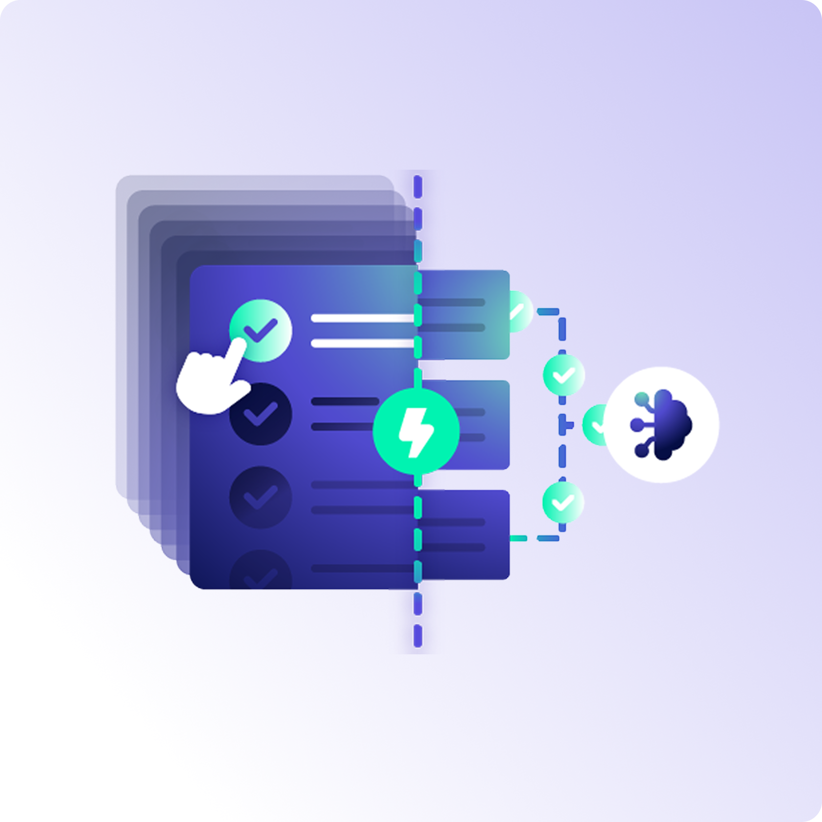 An abstract illustration showing a checklist completed by a hand cursor, with checkmarks, a lightning bolt, and a cloud connected by dotted lines—symbolizing how AI for finance teams can save time through automation and cloud integration.