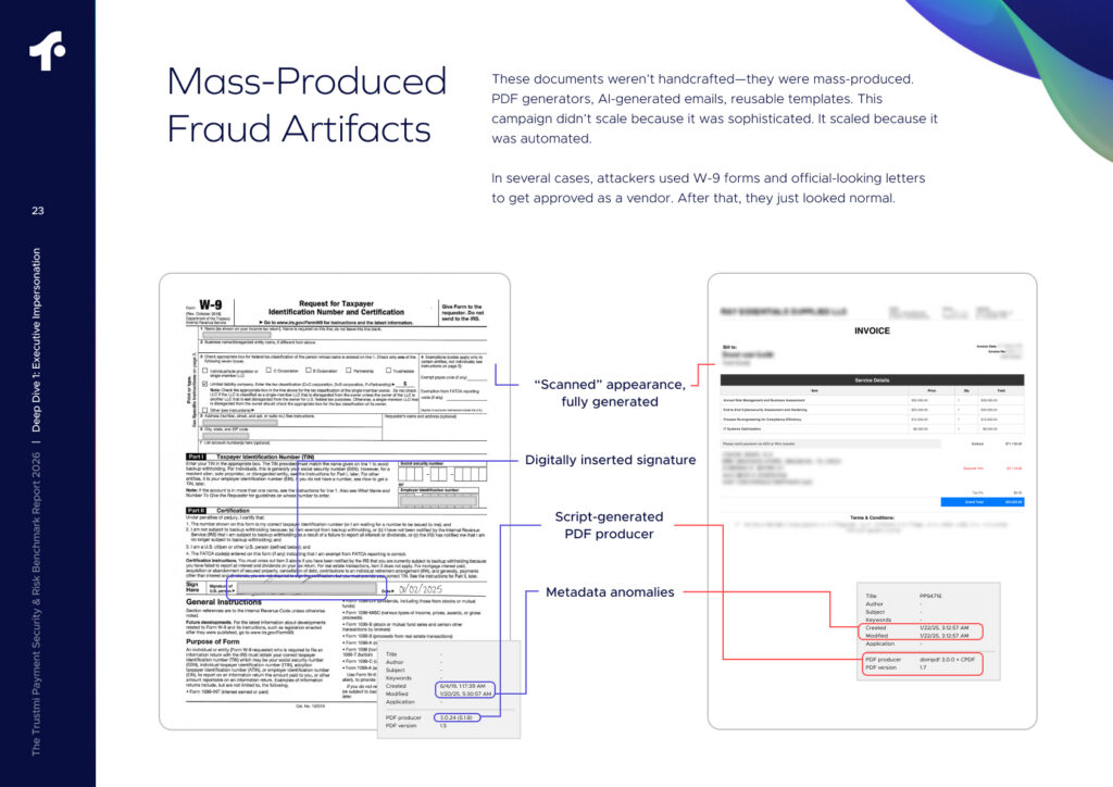 Two documents, a W-9 form and an invoice, are shown side by side with annotations highlighting features like scanned appearance and metadata anomalies—similar to findings in the 2026 benchmark payment security report.