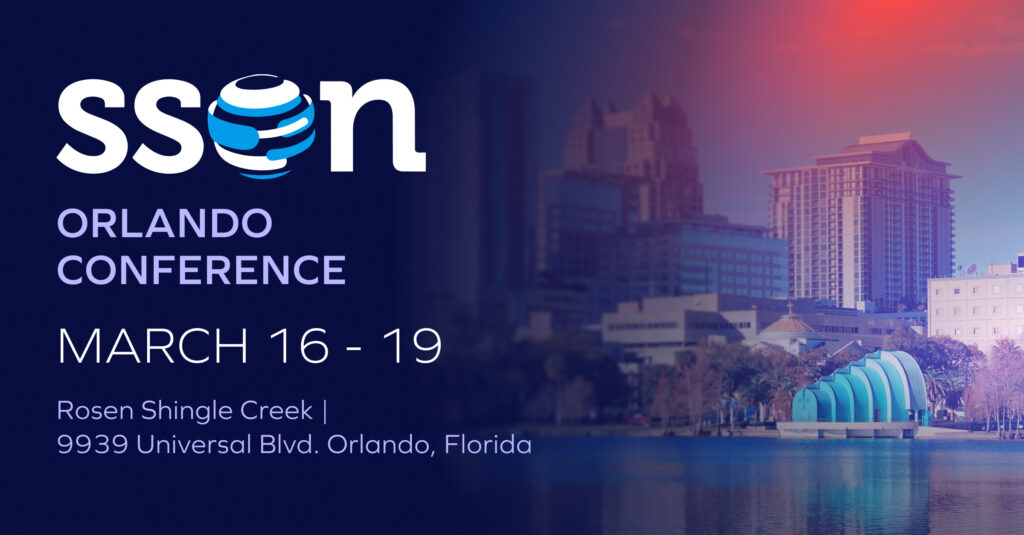 Banner for SSON Orlando Conference, March 16-19, at Rosen Shingle Creek, 9939 Universal Blvd, Orlando, Florida. Background features Orlando skyline and a lakeside amphitheater. Proudly supporting SSON 2026 with Trustmi.