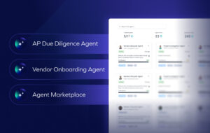 A digital interface powered by Agentic AI displays sections labeled AP Due Diligence Agent, Vendor Onboarding Agent, and Agent Marketplace beside a dashboard showing agent tasks and profiles on a blue gradient background.