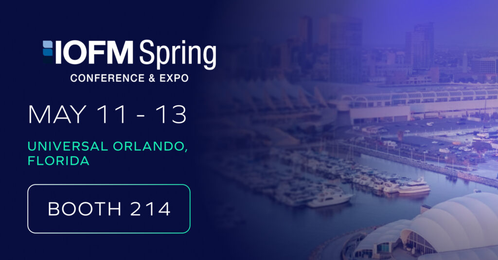 Promotional graphic for the IOFM Spring Conference & Expo 2026, held May 11-13 at Universal Orlando, Florida. Featuring Trustmi at Booth 214 over a background image of a marina and large convention center.