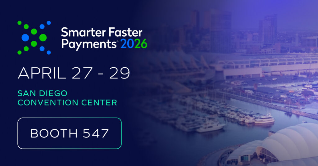 Event banner for Nacha 2026 Smarter Faster Payments at the San Diego Convention Center, April 27–29. Featuring a marina and buildings, the image highlights Trustmi at booth 547.