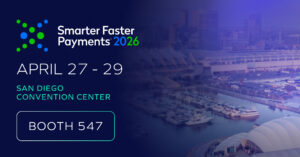 Event banner for Nacha 2026 Smarter Faster Payments at the San Diego Convention Center, April 27–29. Featuring a marina and buildings, the image highlights Trustmi at booth 547.