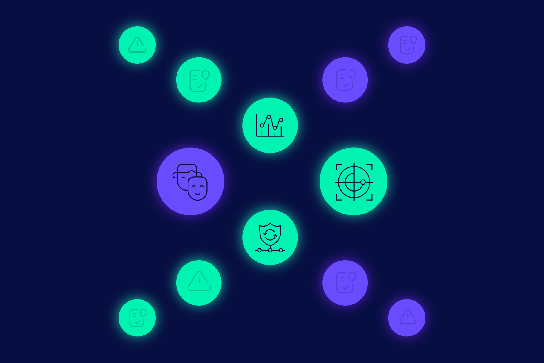 A dark background with glowing blue and green circles, each containing simple line icons—like a shield, target, and graphs—illustrates security and data concepts while hinting at evolving standards such as Nacha rule changes.