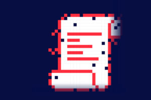 Pixel art image of a white scroll with red and black accents on a dark blue background. The partially unrolled scroll, overlaid with a grid and lines resembling text, hints at fake invoices or documents.