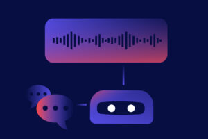 A stylized illustration of a chatbot with two white eyes, connected to a speech bubble containing a sound wave and two chat bubbles, all in purple and pink gradients on a dark blue background, evokes the concept of AI social engineering.