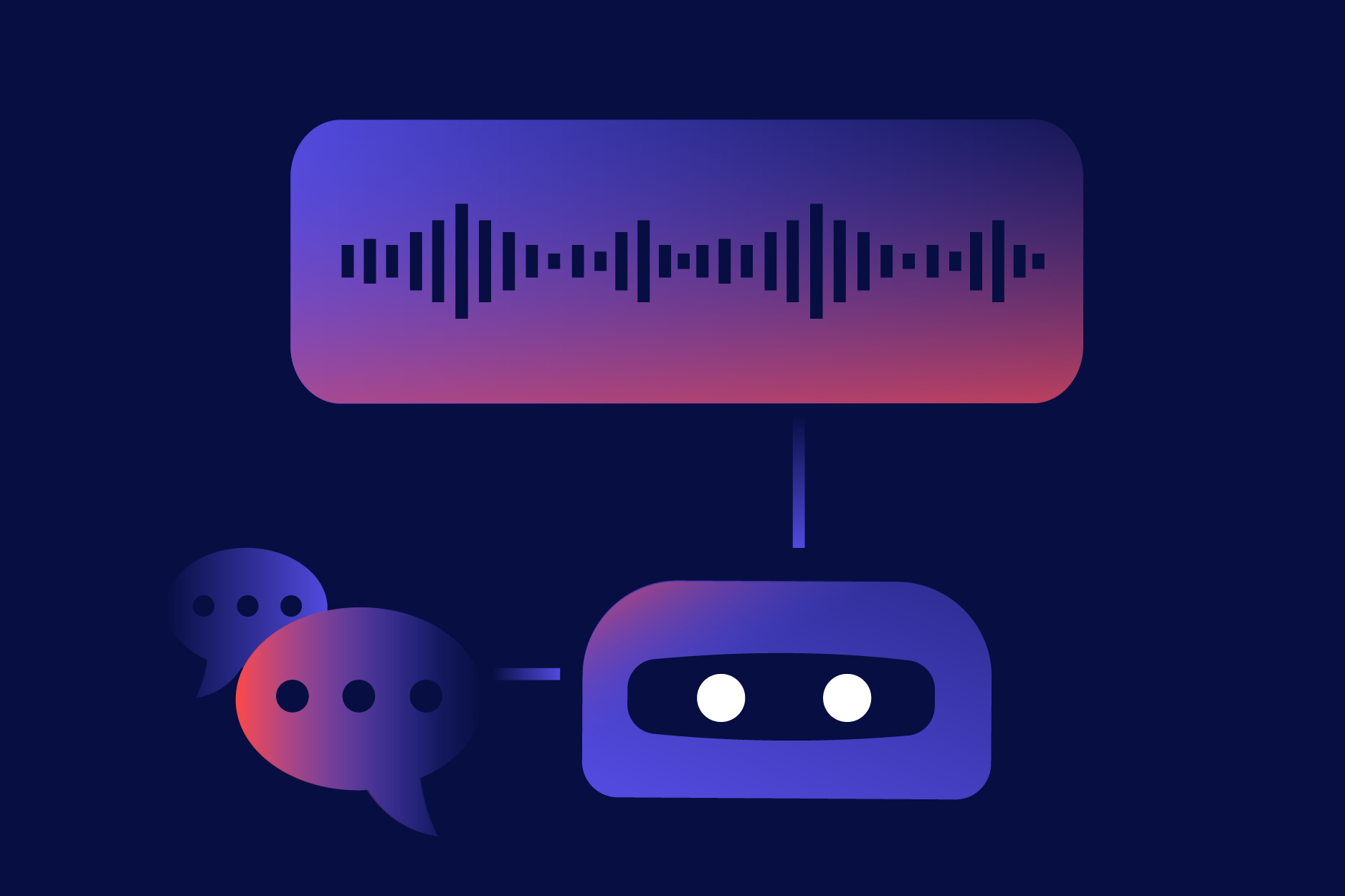 A stylized illustration of a chatbot with two white eyes, connected to a speech bubble containing a sound wave and two chat bubbles, all in purple and pink gradients on a dark blue background, evokes the concept of AI social engineering.
