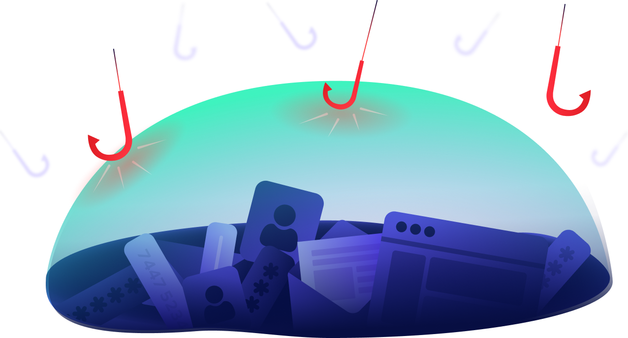 An illustration of fishing hooks above a dome safeguarding digital icons like IDs, passwords, and browser windows, symbolizing protection from phishing attacks and account takeover.