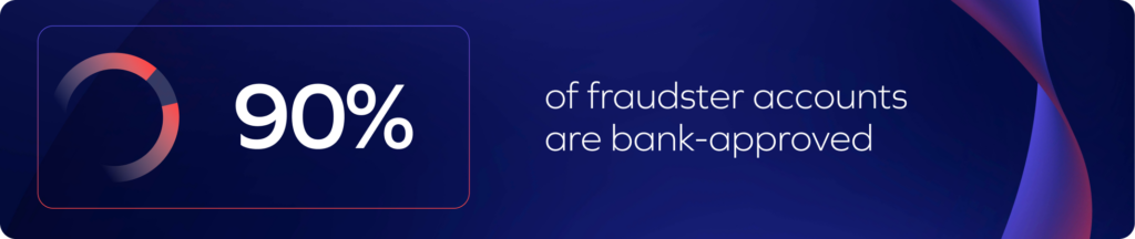 A dark blue graphic shows a circular chart and text reading 90% of fraudster accounts are bank-approved, highlighting the importance of robust bank account validation.