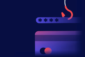 Abstract illustration of a payment card and password entry field with asterisks, plus a red headset, symbolizing protection against ACH fraud or support under Nacha guidelines. The image uses dark blue and purple tones.