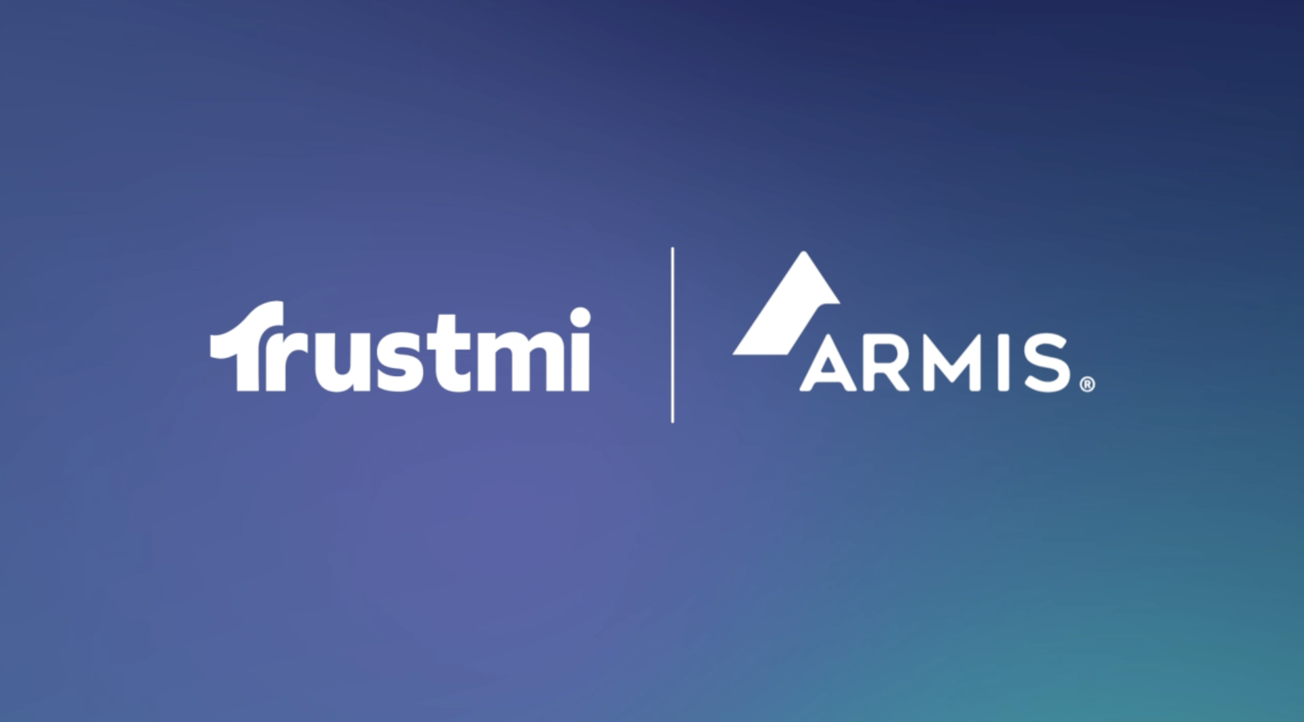 White Trustmi and Armis logos on a blue gradient background, separated by a vertical line, highlight the Mega Menu Test feature for improved SEO.