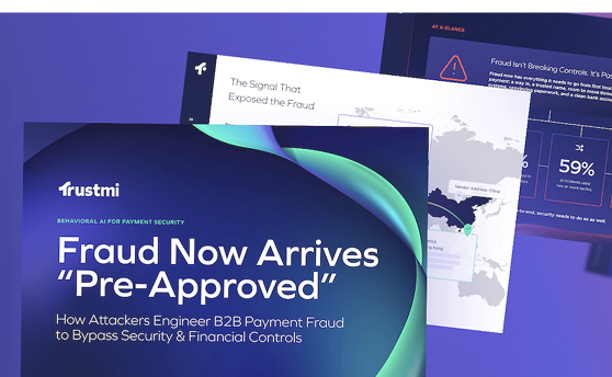 A digital graphic displays the title “Fraud Now Arrives ‘Pre-Approved’” by Trustmi, discussing B2B payment fraud and security, with data charts and informational slides in the background.