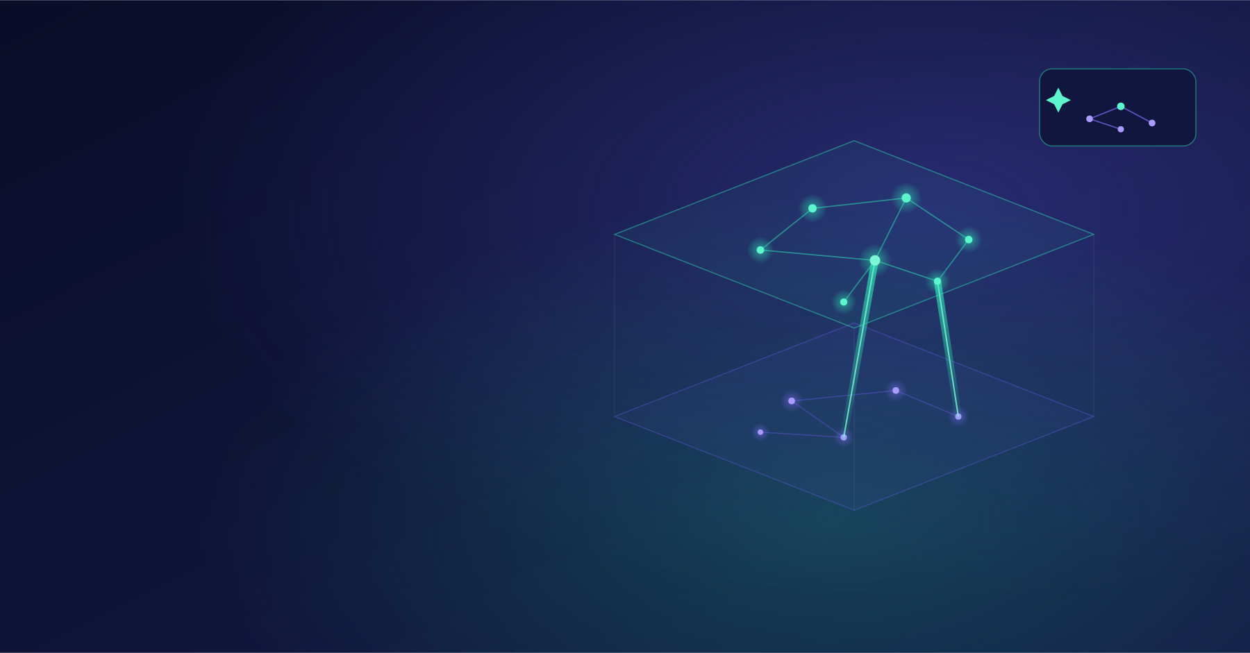 A 3D digital diagram with connected dots on two transparent planes and a small constellation-like icon in the top right corner against a dark blue background, evoking advanced AI-driven solutions for finance professionals and CFOs.