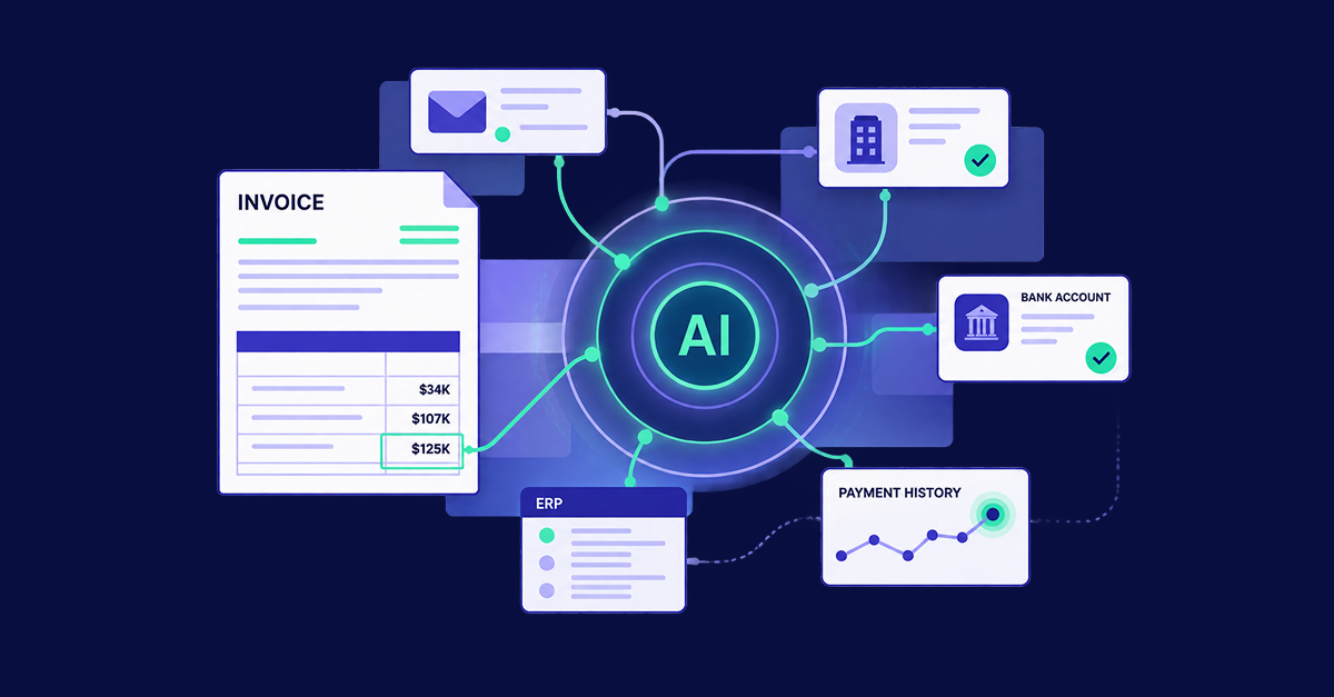 Diagram showing an AI system at the center, connected to invoice, ERP, payment history, email, bank account, and building icons, illustrating automated financial data integration and highlighting AI fraud prevention capabilities.