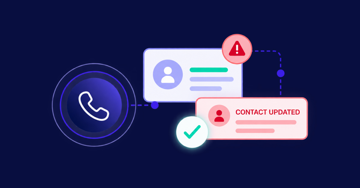 Illustration of a phone icon with contact profile boxes, one showing a warning symbol—highlighting the importance of secure callback procedure in enterprise payments—and another stating “Contact Updated” with a check mark, reflecting enhanced enterprise payment security.