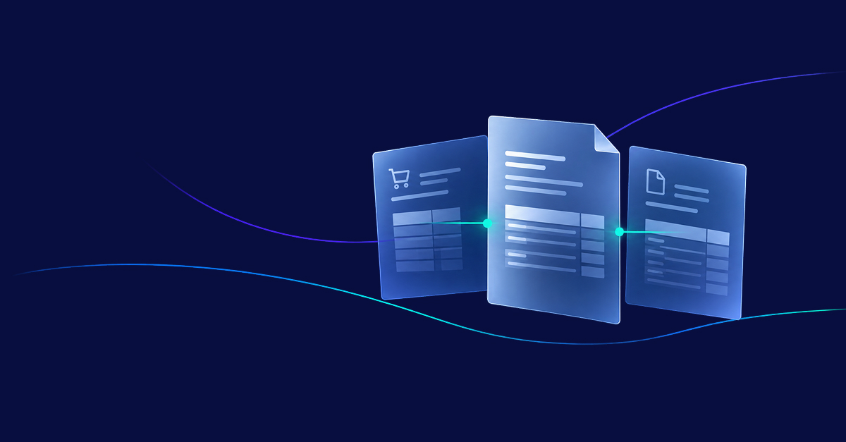 Three translucent, glowing digital documents connected by thin lines, representing the three-way matching process against a dark blue background.