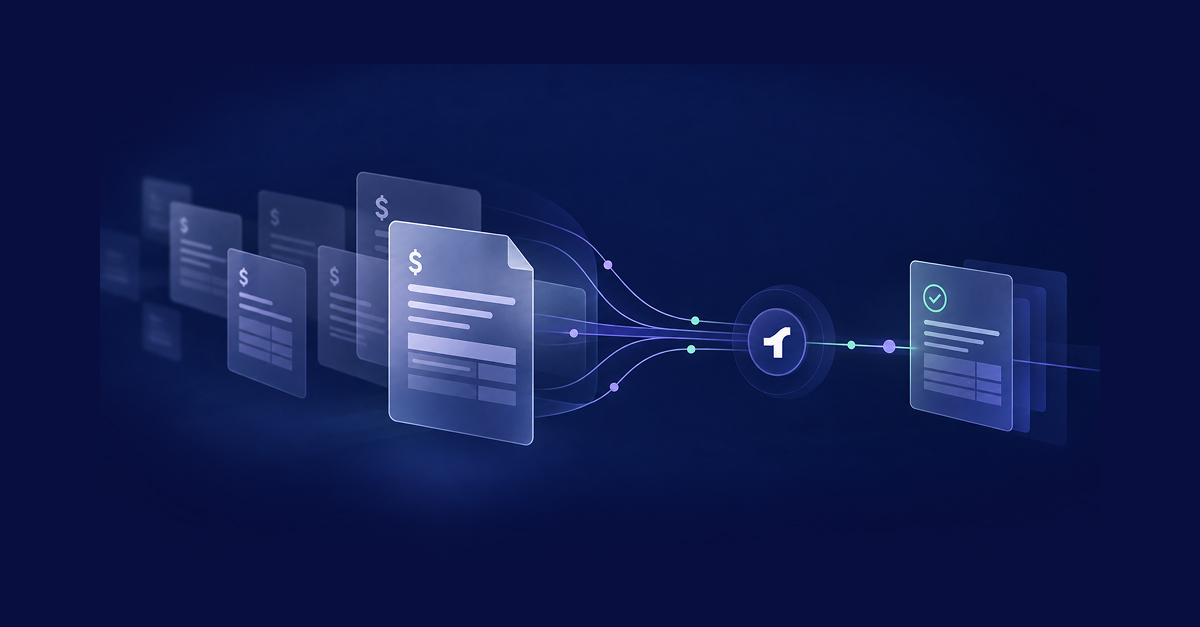 Digital graphic showing multiple finance document icons flowing into a central processing point and emerging as a single, verified payment document.